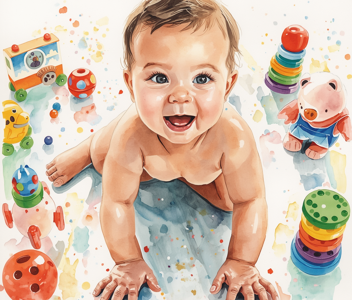 Bebê se desenvolvendo no chão, estilo aquarela